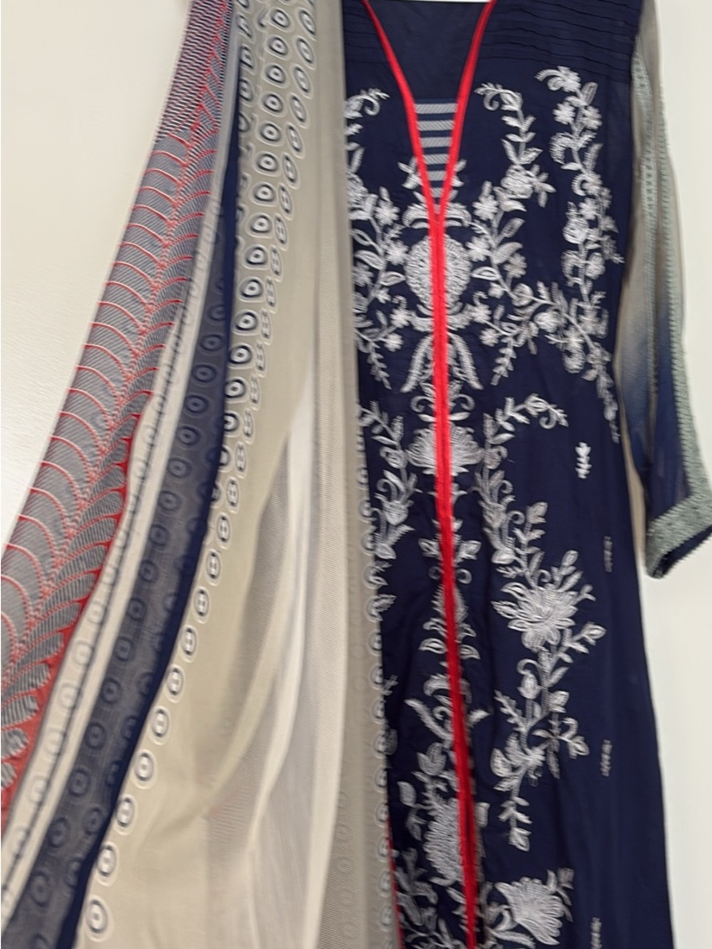 Navy Embroidered Long Sleeve Dress with Red Trim